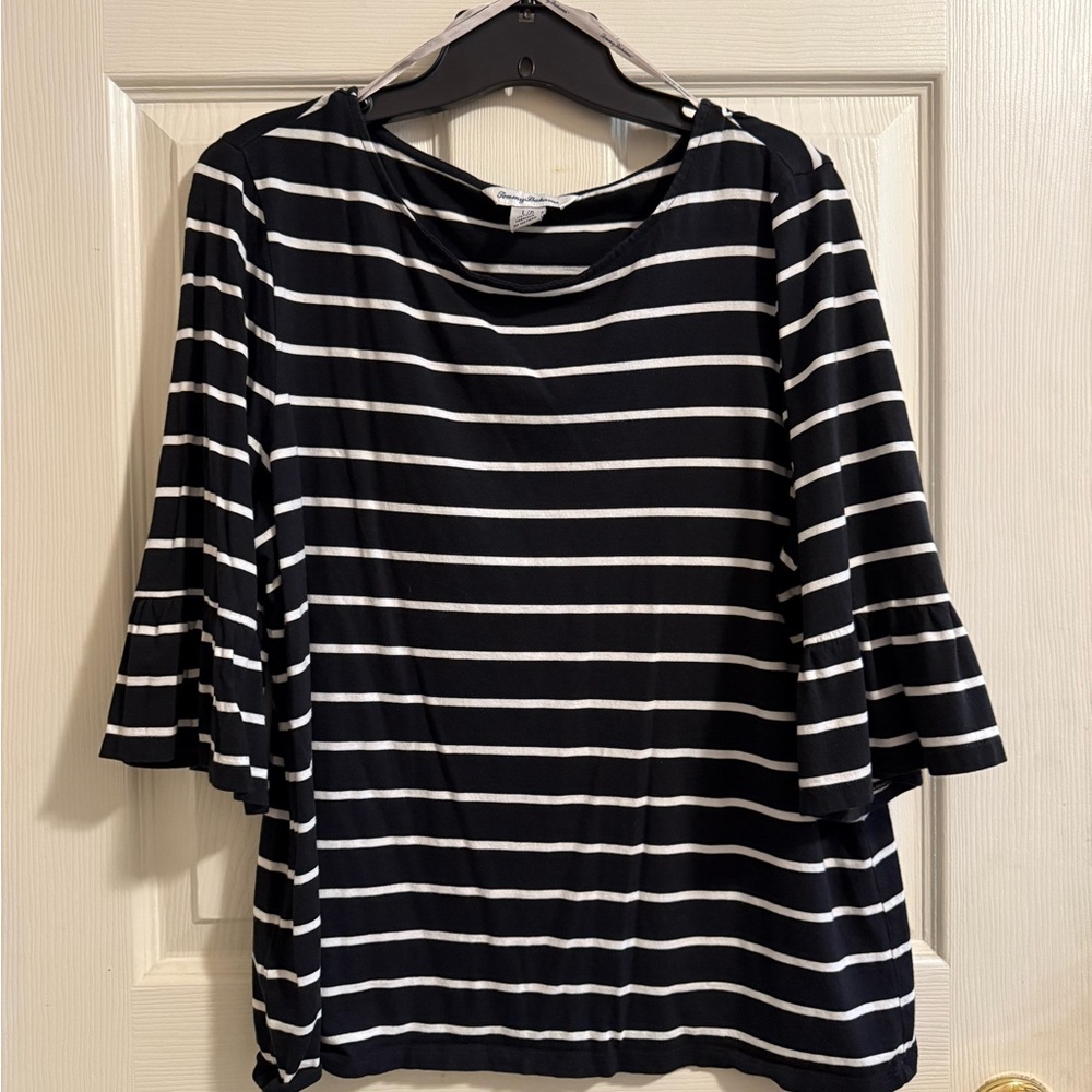 Tommy Bahama Black and White Striped Bell Sleeve Top Size Large